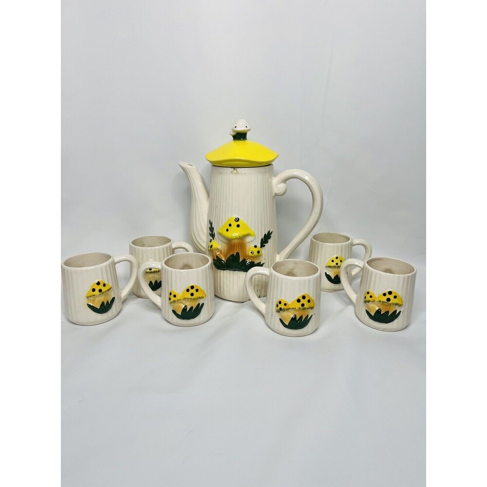 Gorgeous MCM Mushroom Tea Set Cups & Teapot Handmade Vintage Mushrooms